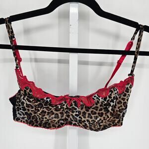 Vtg Cassandra Intimates Sz 38C Semi Sheer Demi Bra Leopard Print Red Trim